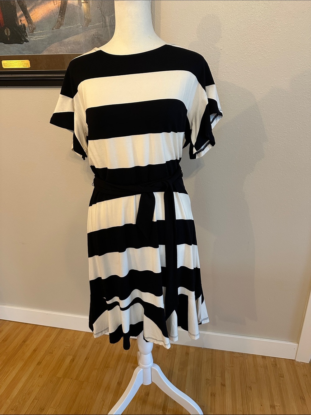 LOFT Black & White Wide Stripe Midi Dress with Tie Waist